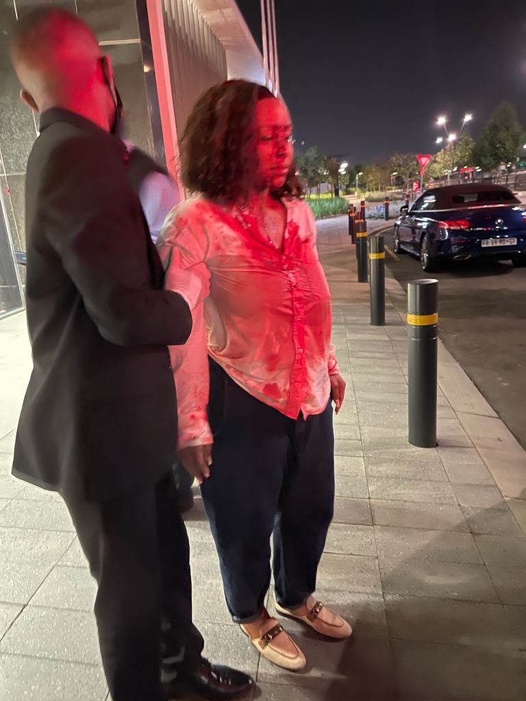 Boity Thulo can be seen covered in blood directly after the assault took place, before receiving medical treatment. Image: Supplied.