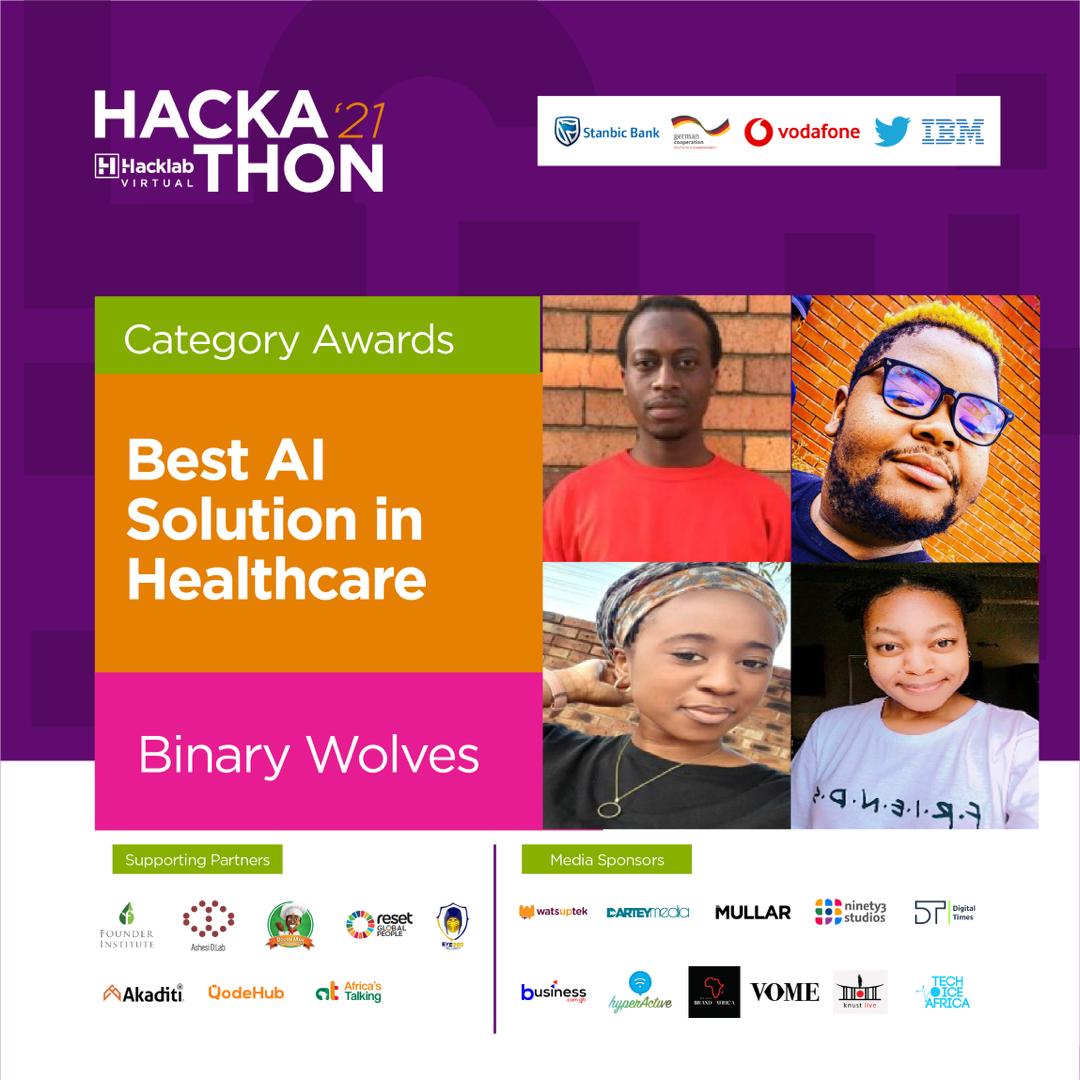 Binary Wolves - "Best AI Solution in the Healthcare". Members of the team are, Aaron Kibambe, Patience Mokokota, Janice Nsunza, and Tumelo Baloyi who are also all studying towards a Business Information Technology Diploma at UJ. Image: Supplied.