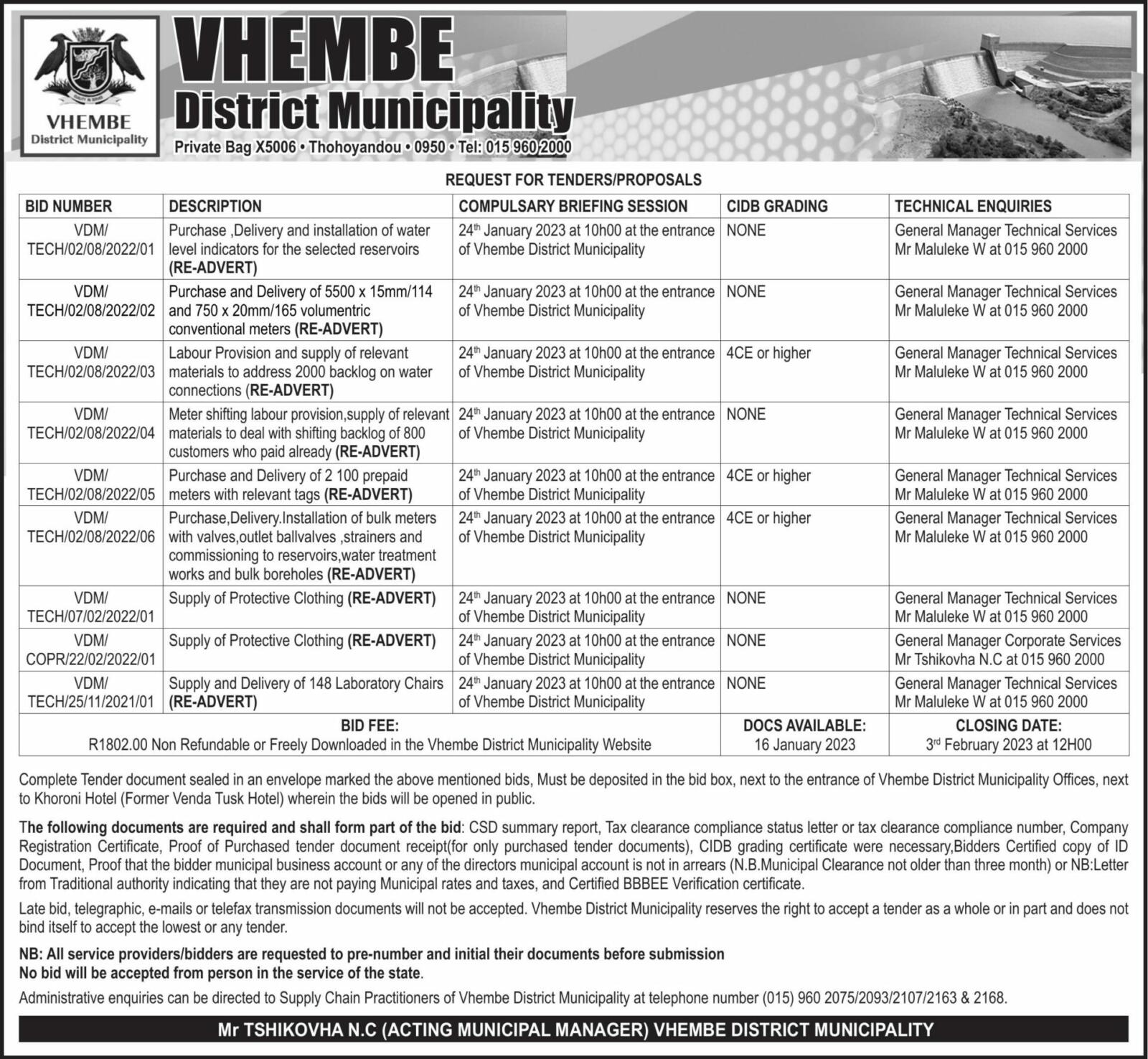 Vhembe District Municipality REQUEST FOR TENDERS/PROPOSALS Sunday World